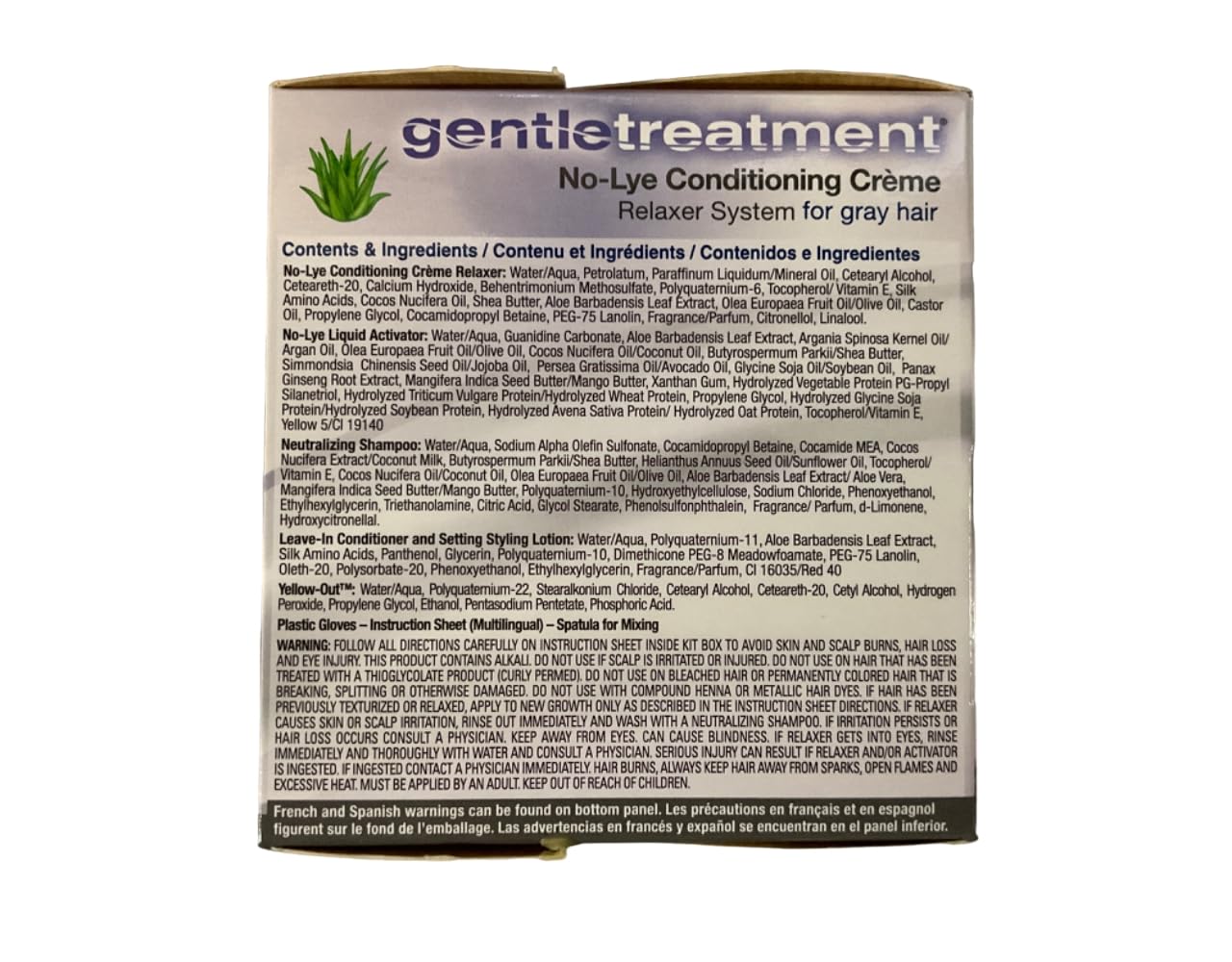 Gentle Treatment No-Lye Conditioning Creme Relaxer kit components including activator liquid and aloe vera infused cream.