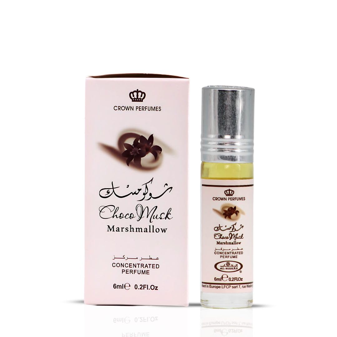 Al-Rehab imported concentrated fragrance oil rollers in Marshmallow and Pistachio scents side by side.
