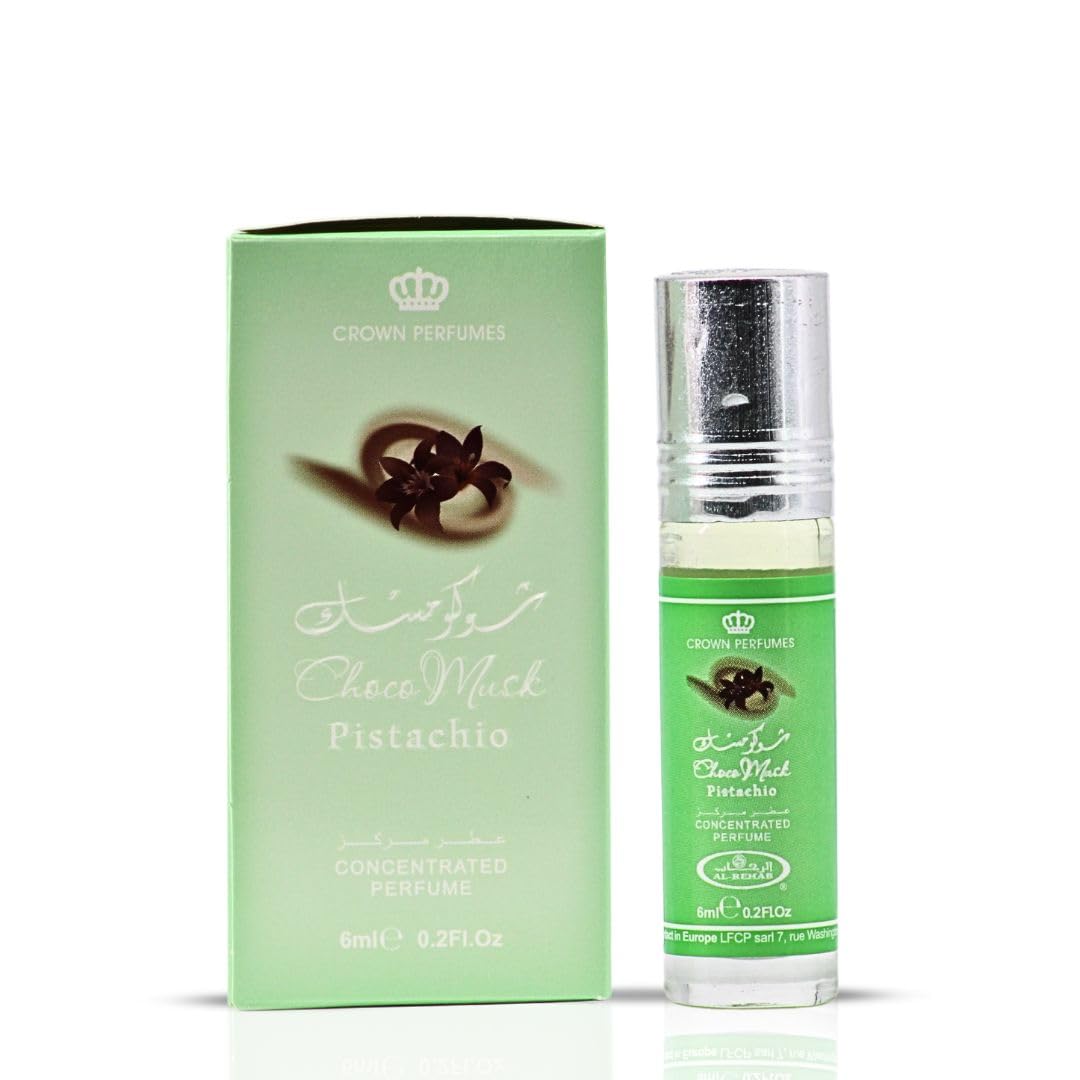 Gourmand perfume oil set showcasing the sweet chocolate, vanilla, and nutty pistachio ingredients layout.