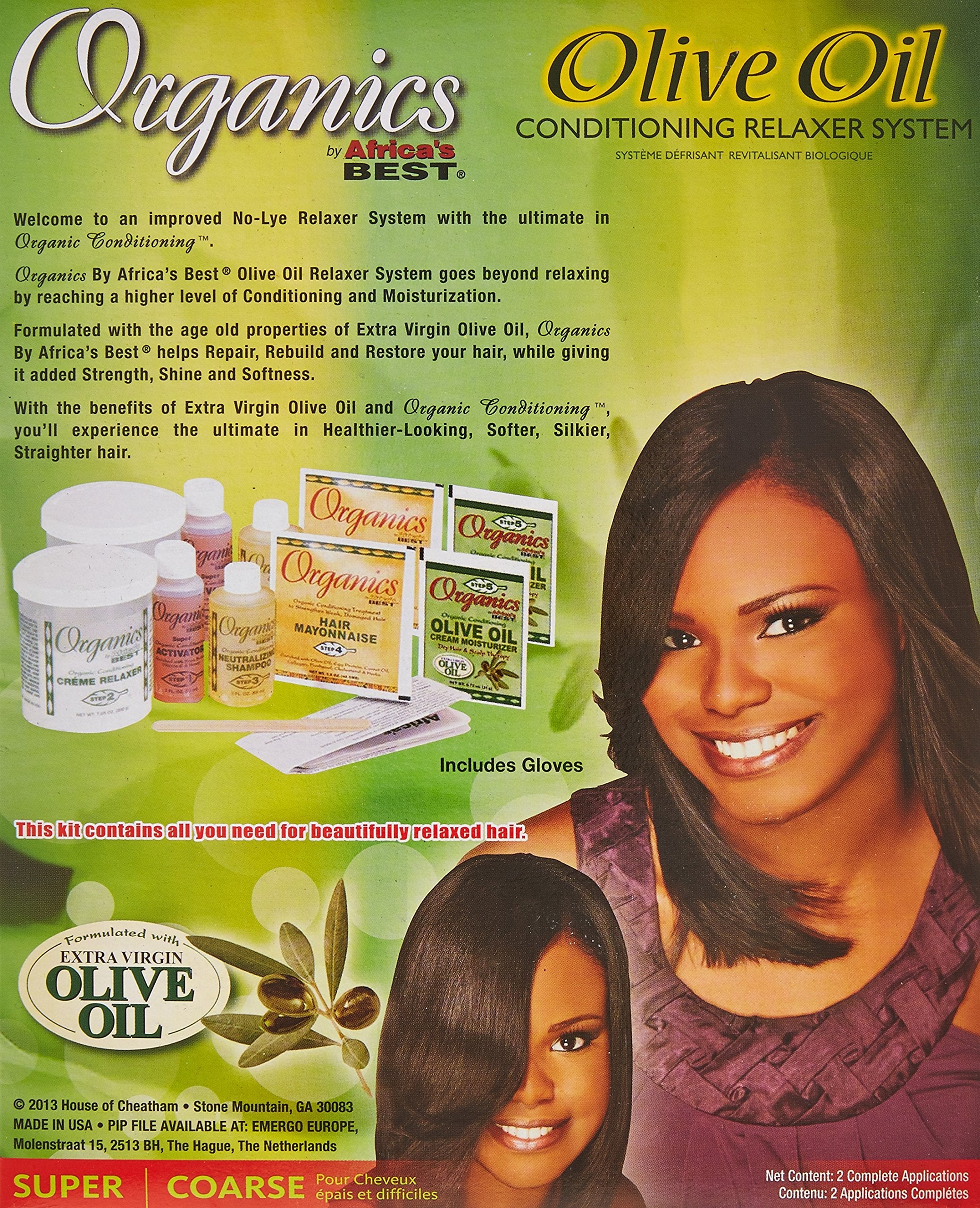 Originals by Africa's Best No-Lye conditioning hair relaxer twin kit showing extra virgin olive oil ingredients.