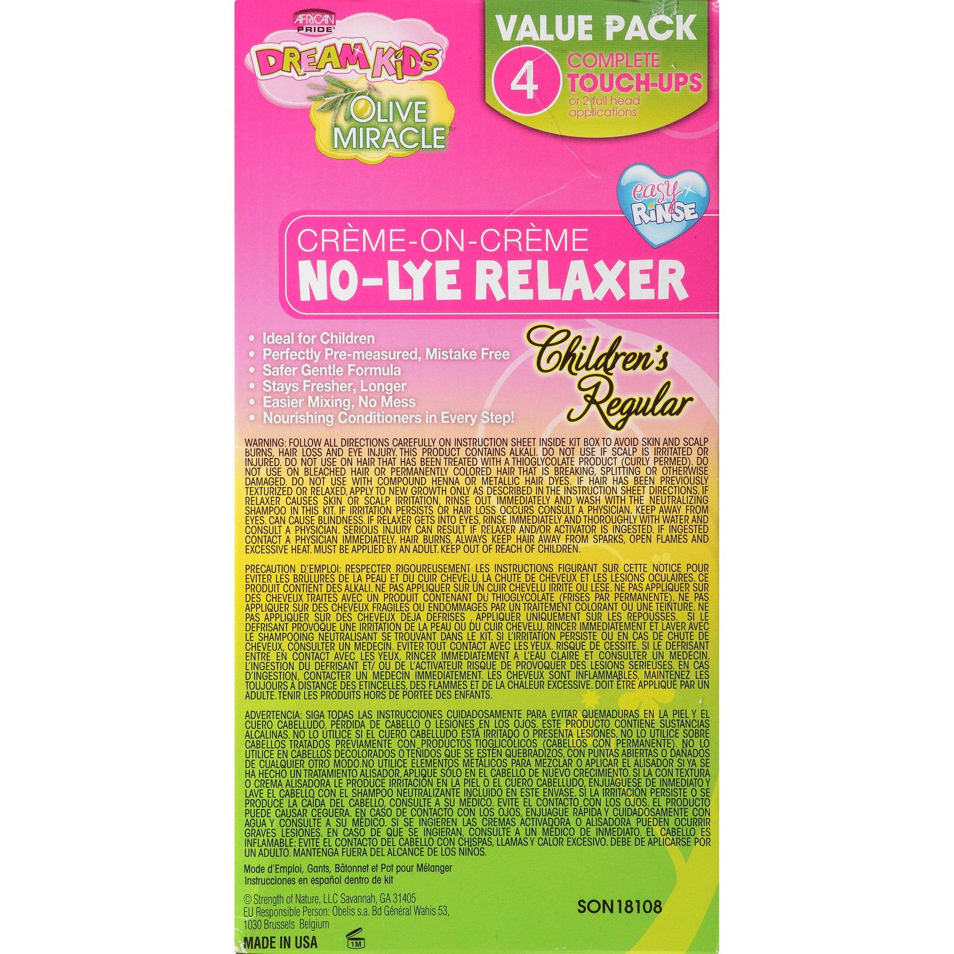 Authentic USA imported lye free hair conditioning relaxer pack for kids containing olive oil and shea butter