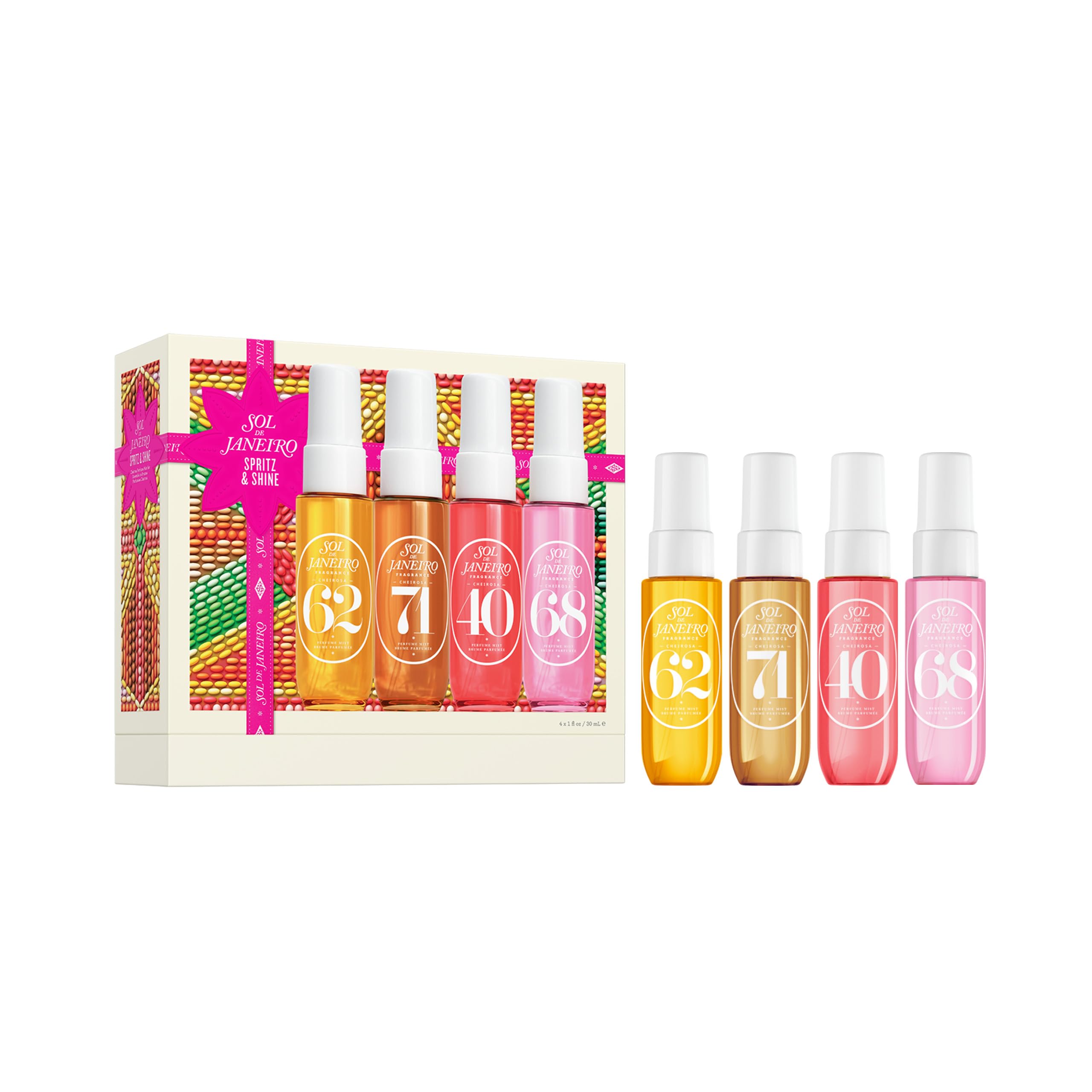 Four Sol de Janeiro 30 milliliter perfume mist bottles from the Spritz and Shine set