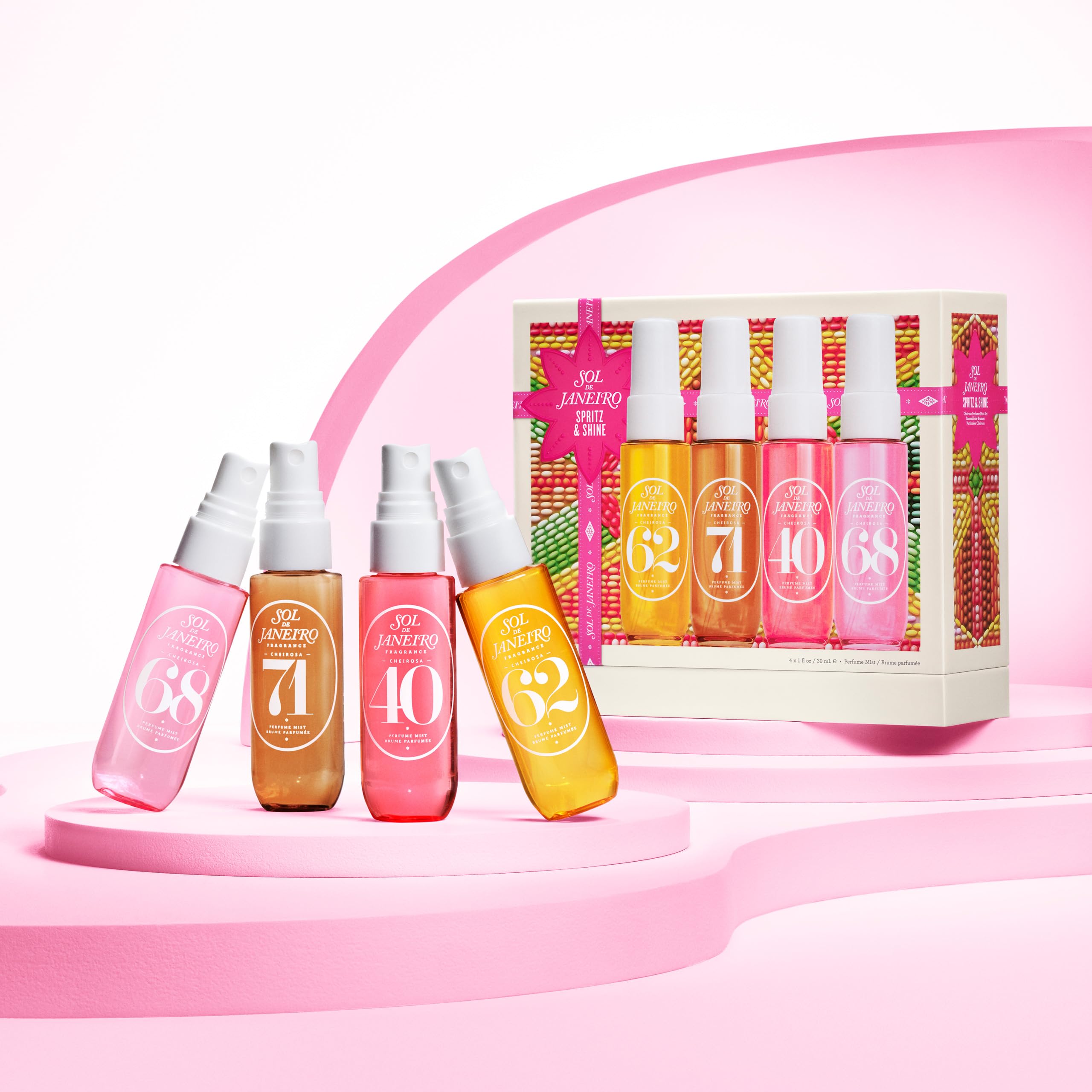 Sol de Janeiro Cheirosa 40 and 68 perfume mist bottles showcasing packaging