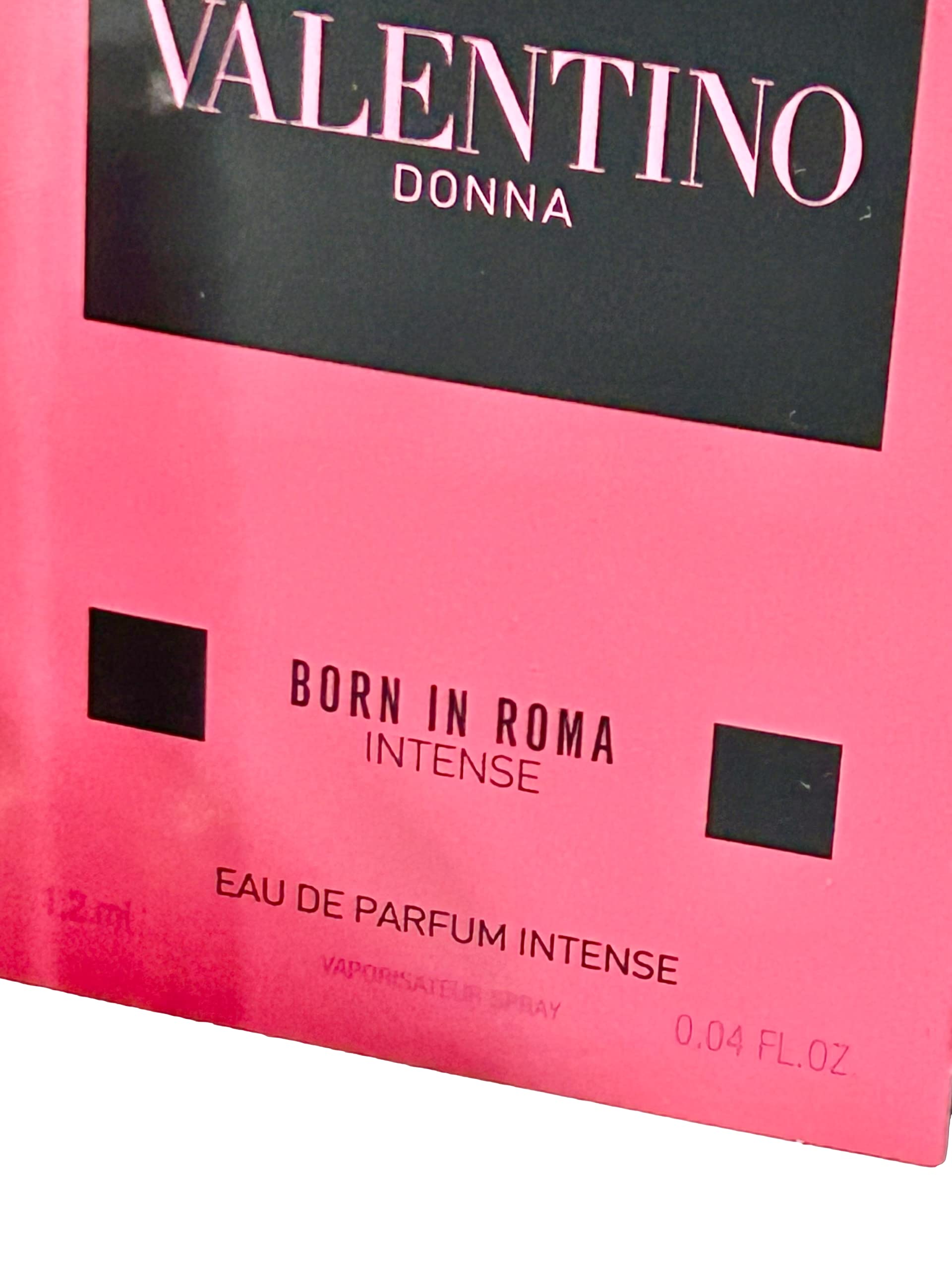 Close up view of the travel size Valentino Donna Born In Roma Intense 1.2 milliliters sample perfume packaging.
