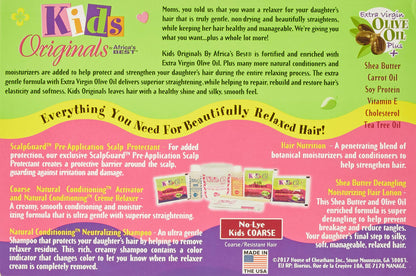 Kids Originals by Africa's Best Natural Relaxer Kit contents showing scalp guard and mixing components