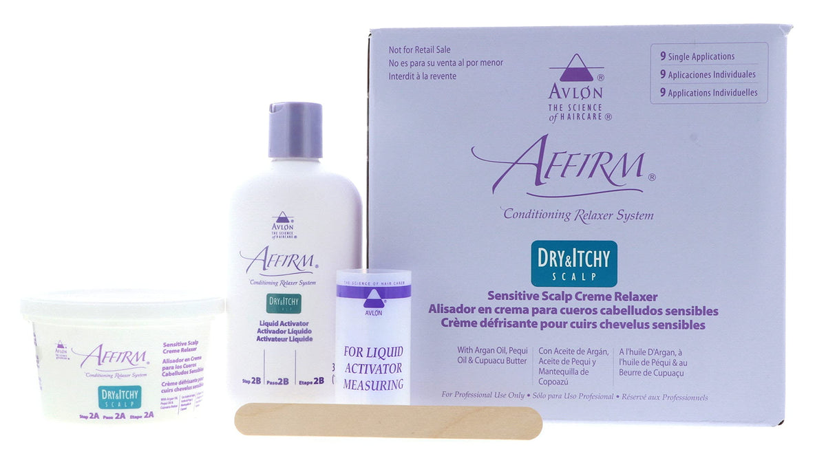 Close up of Avlon Affirm sensitive scalp relaxer professional hair product