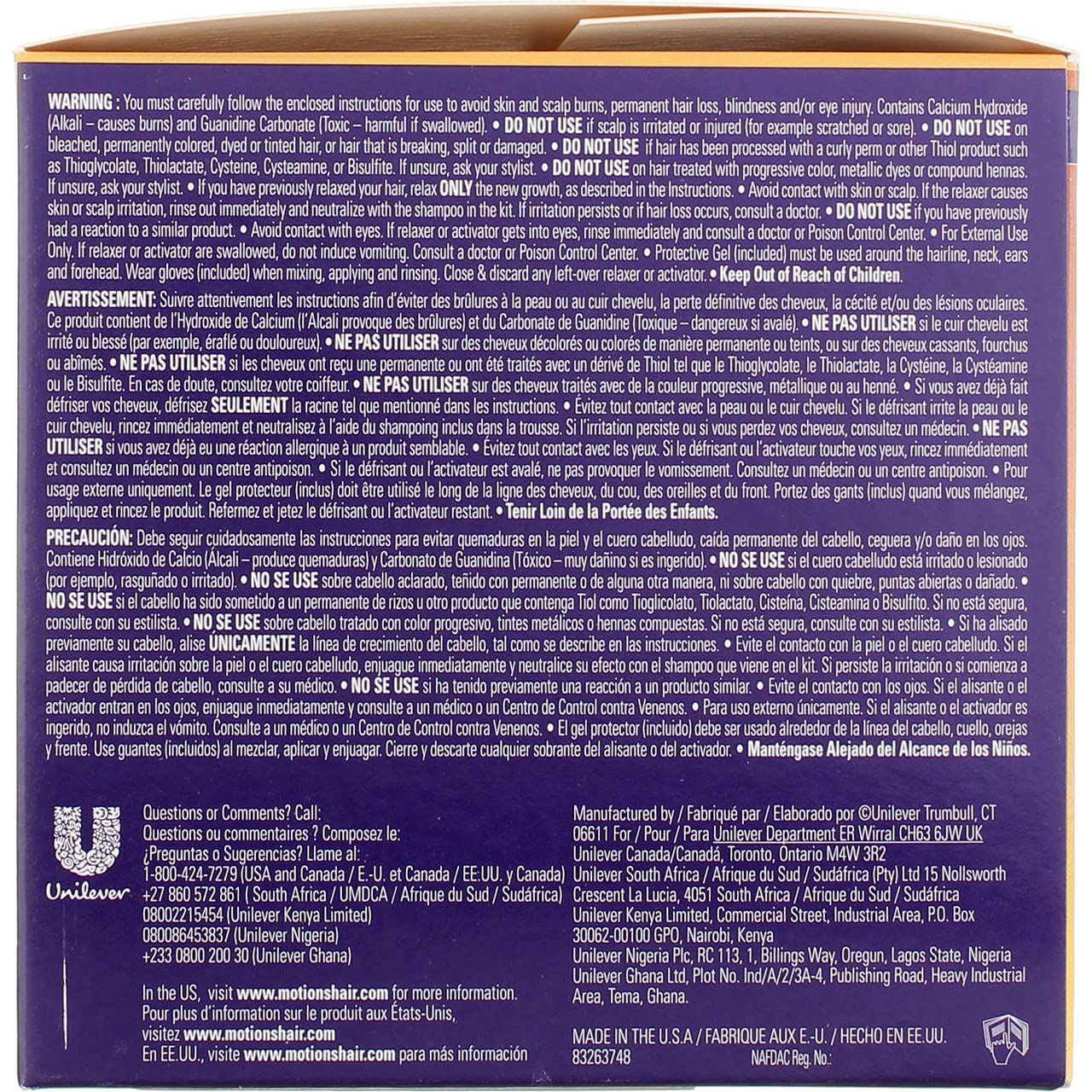 Motions hair smoothing relaxer kit with monoi oil showing full product contents.