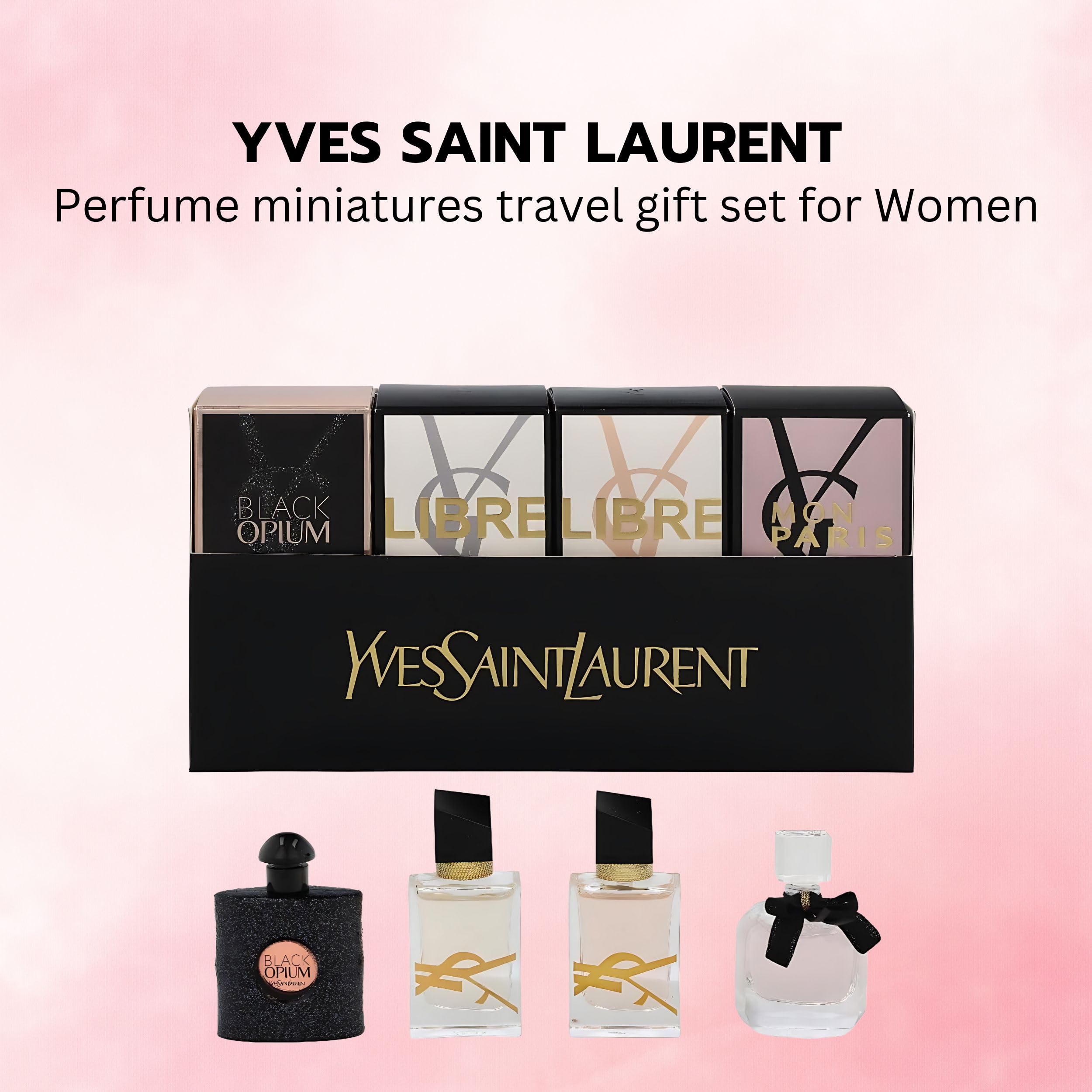 Four individual miniature YSL perfume bottles including Libre Black Opium and Mon Paris arranged neatly on a flat surface