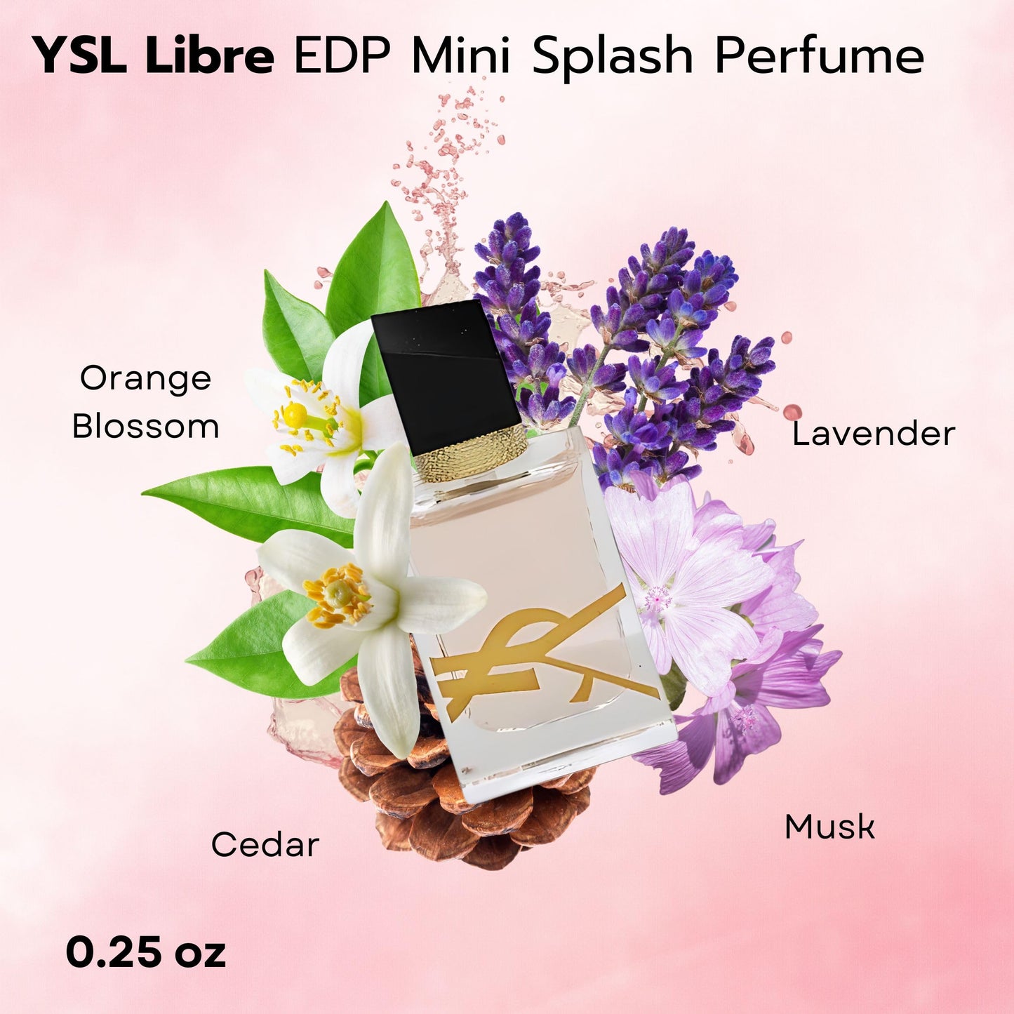 Miniature bottle of Yves Saint Laurent Black Opium showing the signature glittery dark finish and pink center