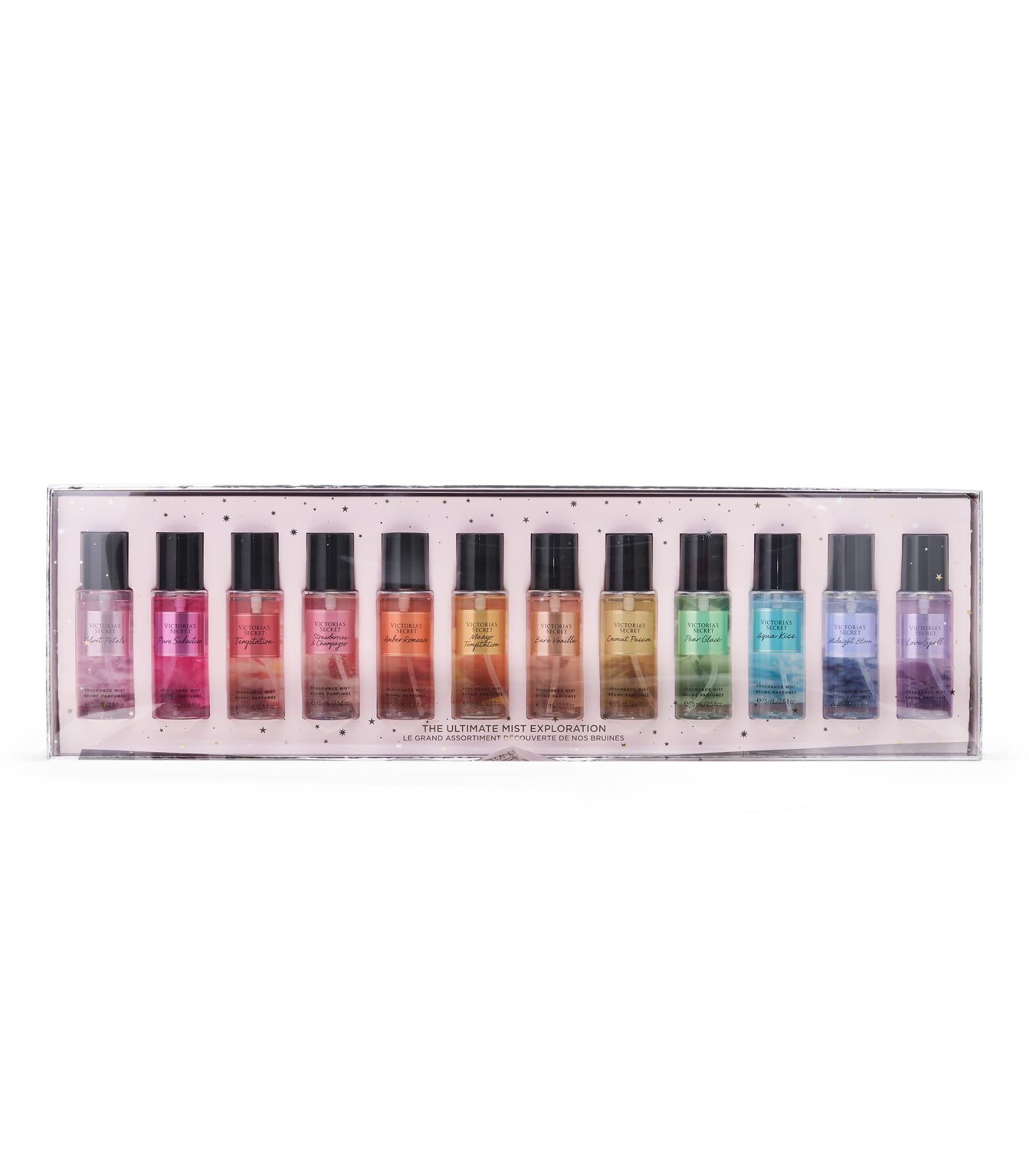 Victoria's Secret Ultimate Fragrance Exploration Body Mist Set angled view highlighting the premium gift box and travel-friendly bottle designs.