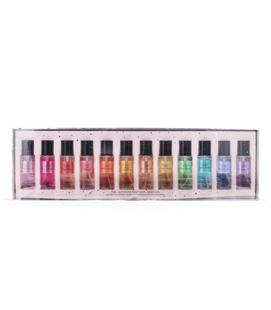Victoria's Secret Ultimate Fragrance Exploration Body Mist Set angled view highlighting the premium gift box and travel-friendly bottle designs.