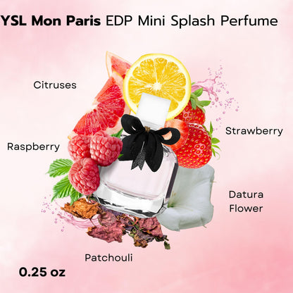 YSL Mon Paris mini bottle highlighted from the front showcasing the elegant black ribbon bow accent