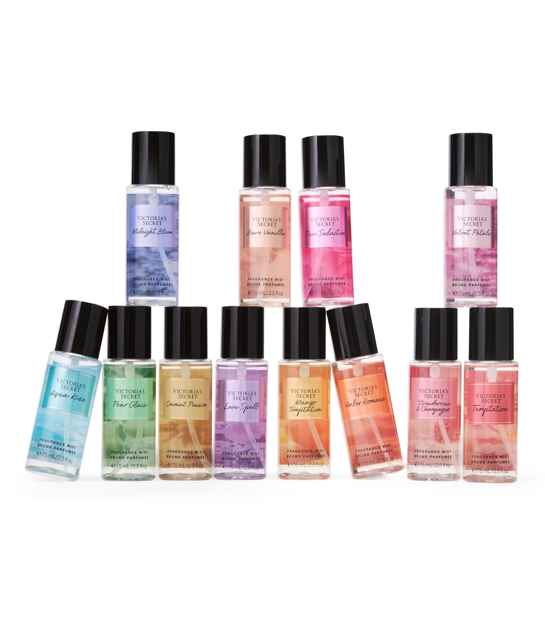 Close-up view of the individual two point five fluid ounce bottles inside the Victoria's Secret twelve piece assortment showcasing the distinct fragrance labels.