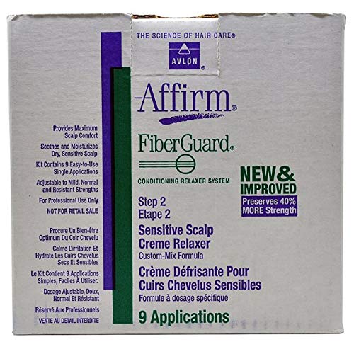 Avlon Affirm Fiberguard Step Two sensitive formula cream relaxer jar showing brand logo and nine applications label