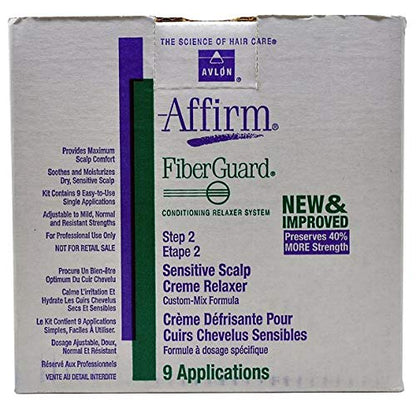 Avlon Affirm Fiberguard Step Two sensitive formula cream relaxer jar showing brand logo and nine applications label