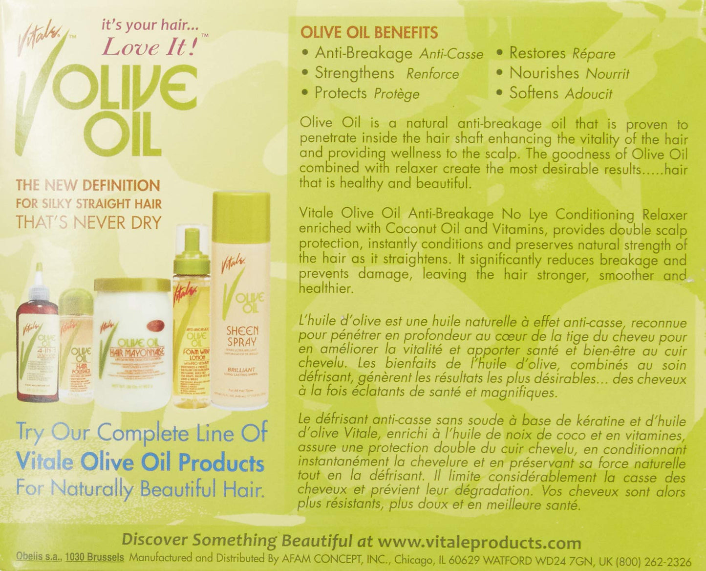 Close up of Vitale Olive Oil Relaxer box showing ingredients