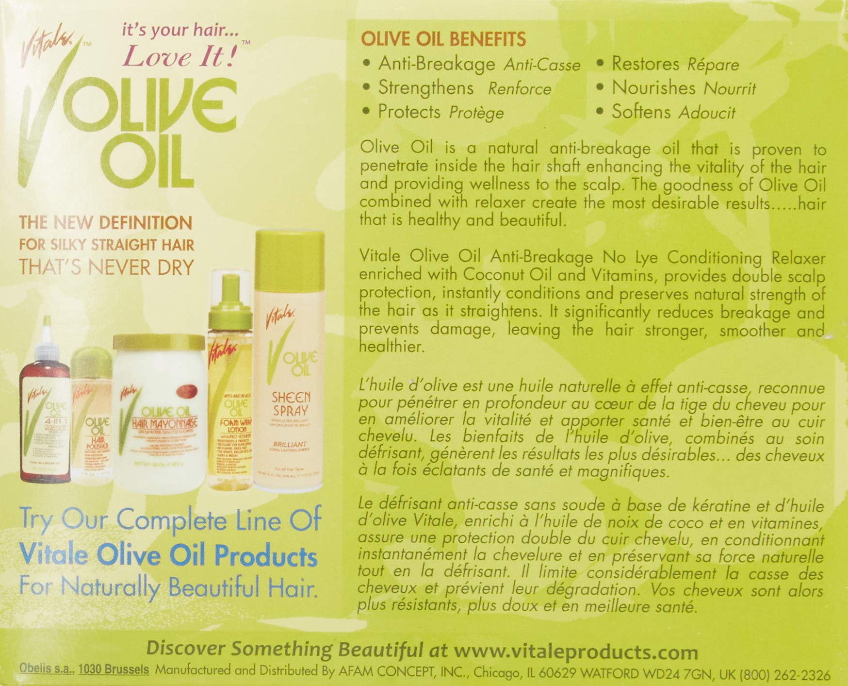 Close up of Vitale Olive Oil Relaxer box showing ingredients