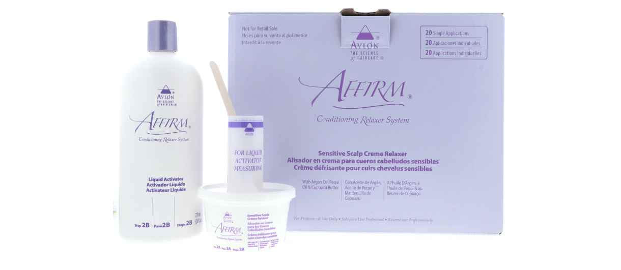 Avlon Affirm hair straightening system single application tubs with liquid activator bottles.