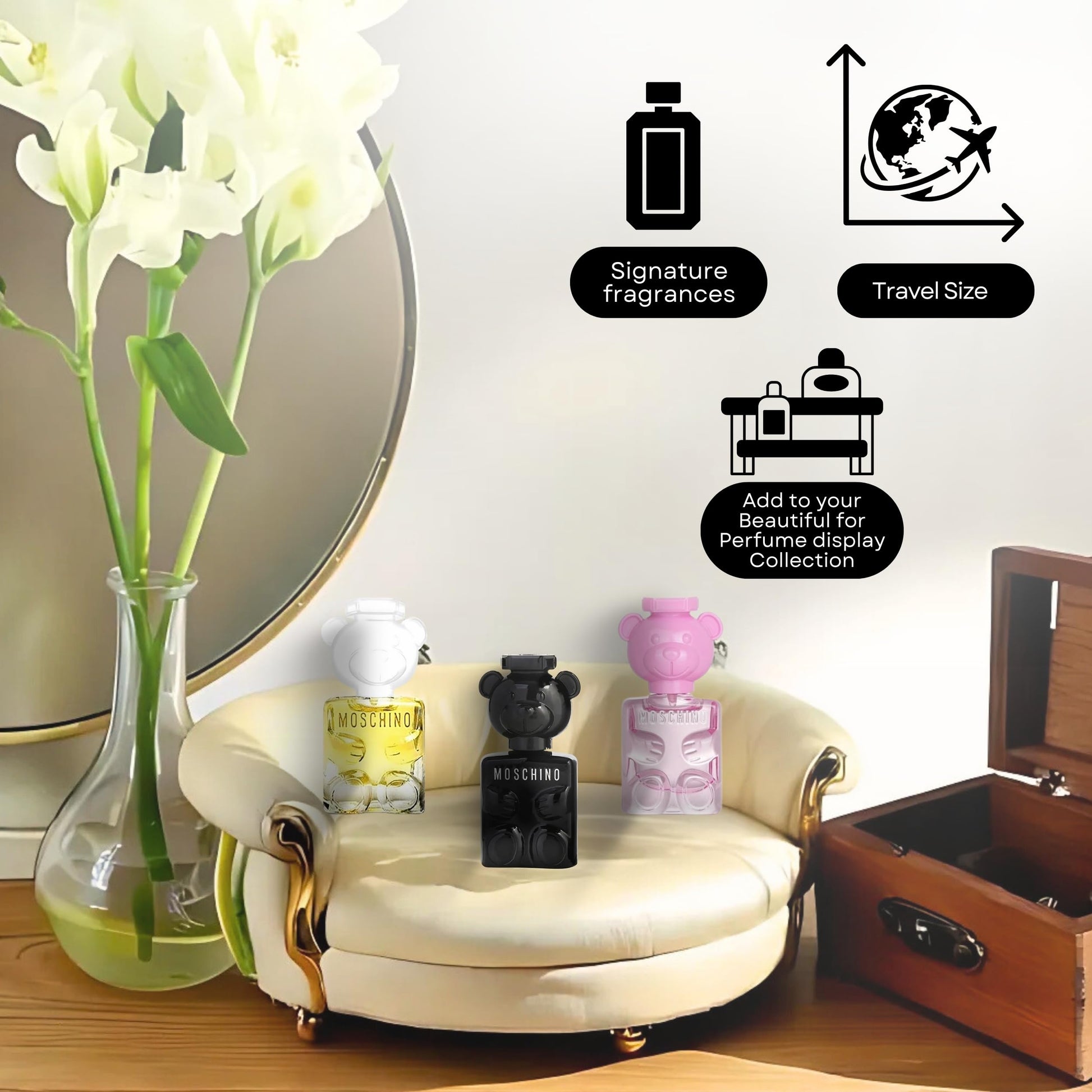 Three piece Moschino teddy bear luxury perfume collection side profile