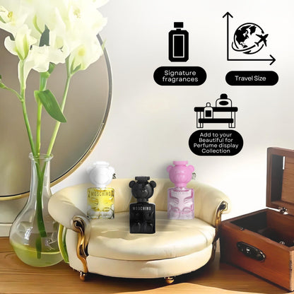 Three piece Moschino teddy bear luxury perfume collection side profile