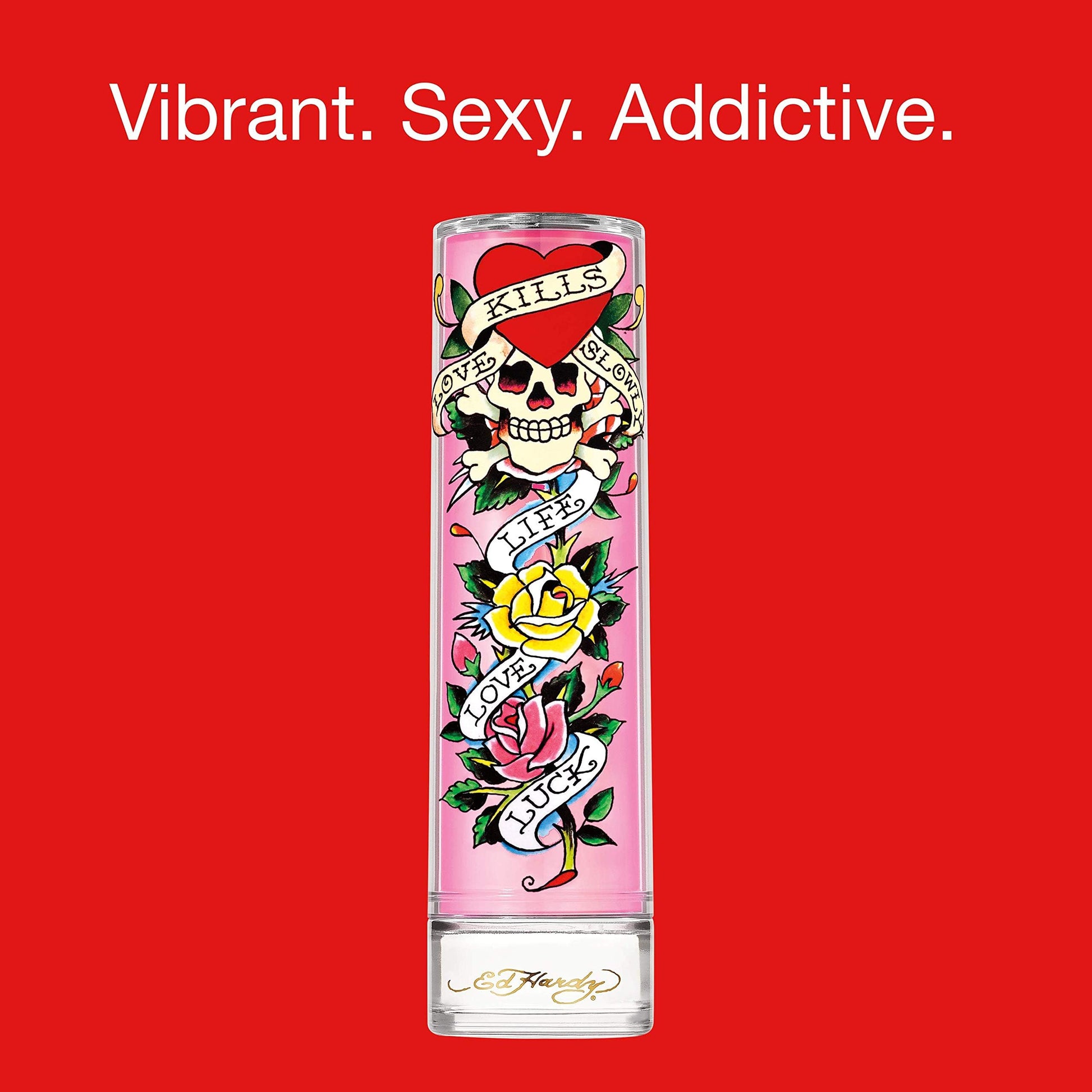 Side angle view of the premium glass Eau de Parfum bottle from the Ed Hardy fragrance collection