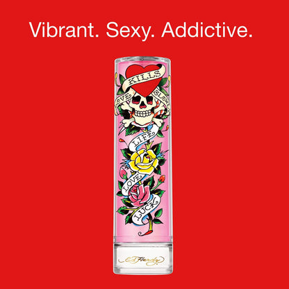 Side angle view of the premium glass Eau de Parfum bottle from the Ed Hardy fragrance collection