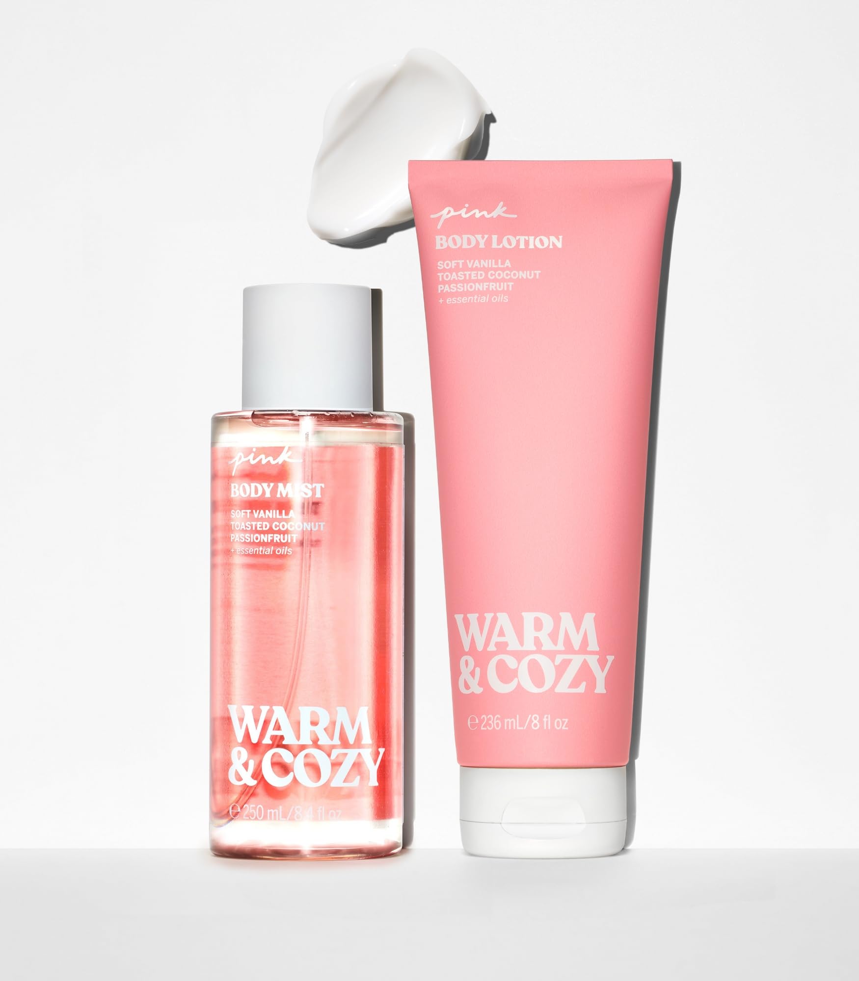 Victoria's Secret Pink Warm and Cozy lotion tube and mist spray bottle