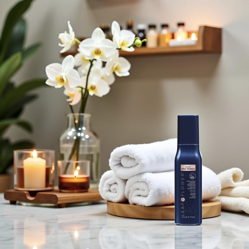 Leaf and Flower hair styling spray packaging details showing the anti frizz formula
