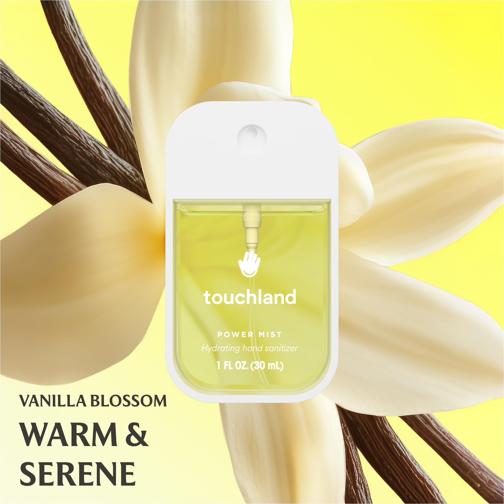 Touchland Vanilla Blossom moisturizing hand sanitizer spray travel size.