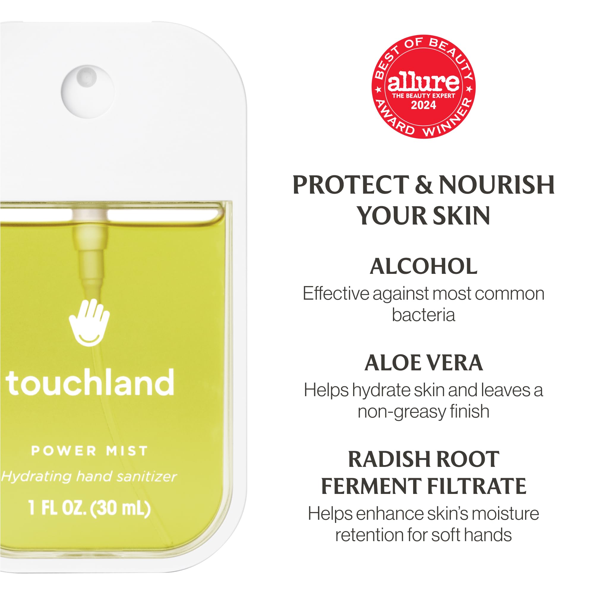 Touchland skincare-infused body and hair mist bottle minimal design.