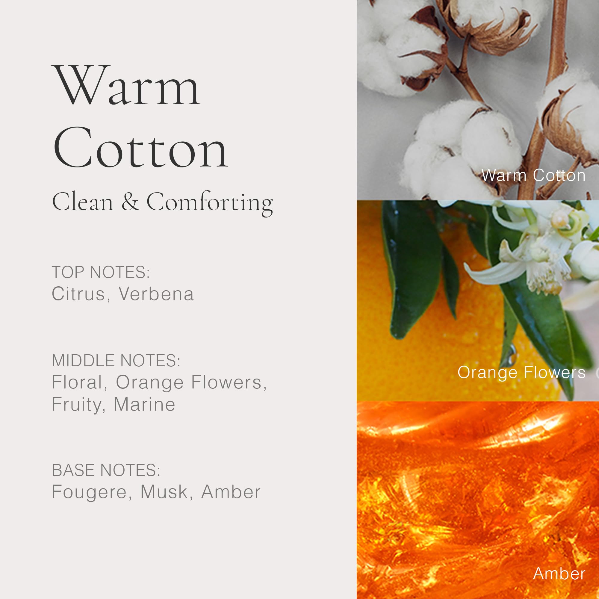 Close up view of the ingredients and clean product labels of the Warm Cotton collection