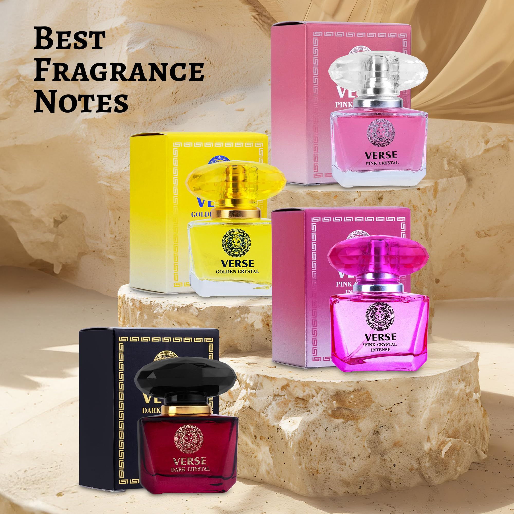 Premium NovoGlow Verse Golden Crystal and Pink Crystal Intense mini fragrance bottles on a clean background