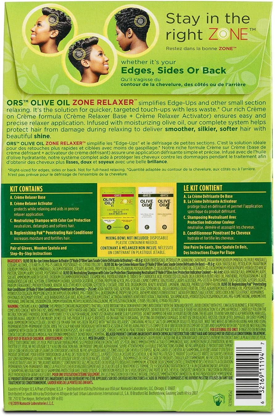 ORS Olive Oil moisturizing zone relaxer kit showing complete system contents.