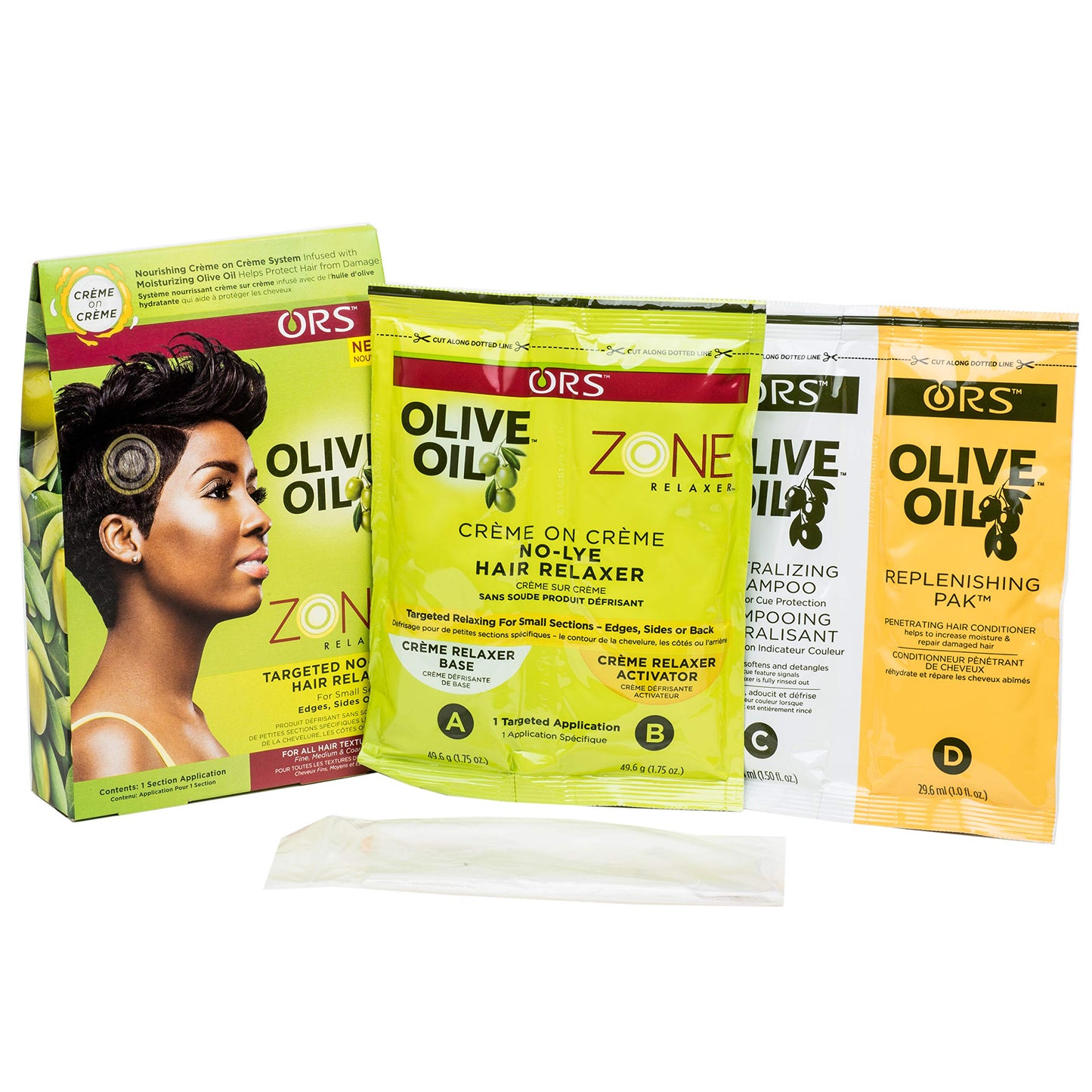 Side view of ORS olive oil built in protection no lye relaxer kit box.