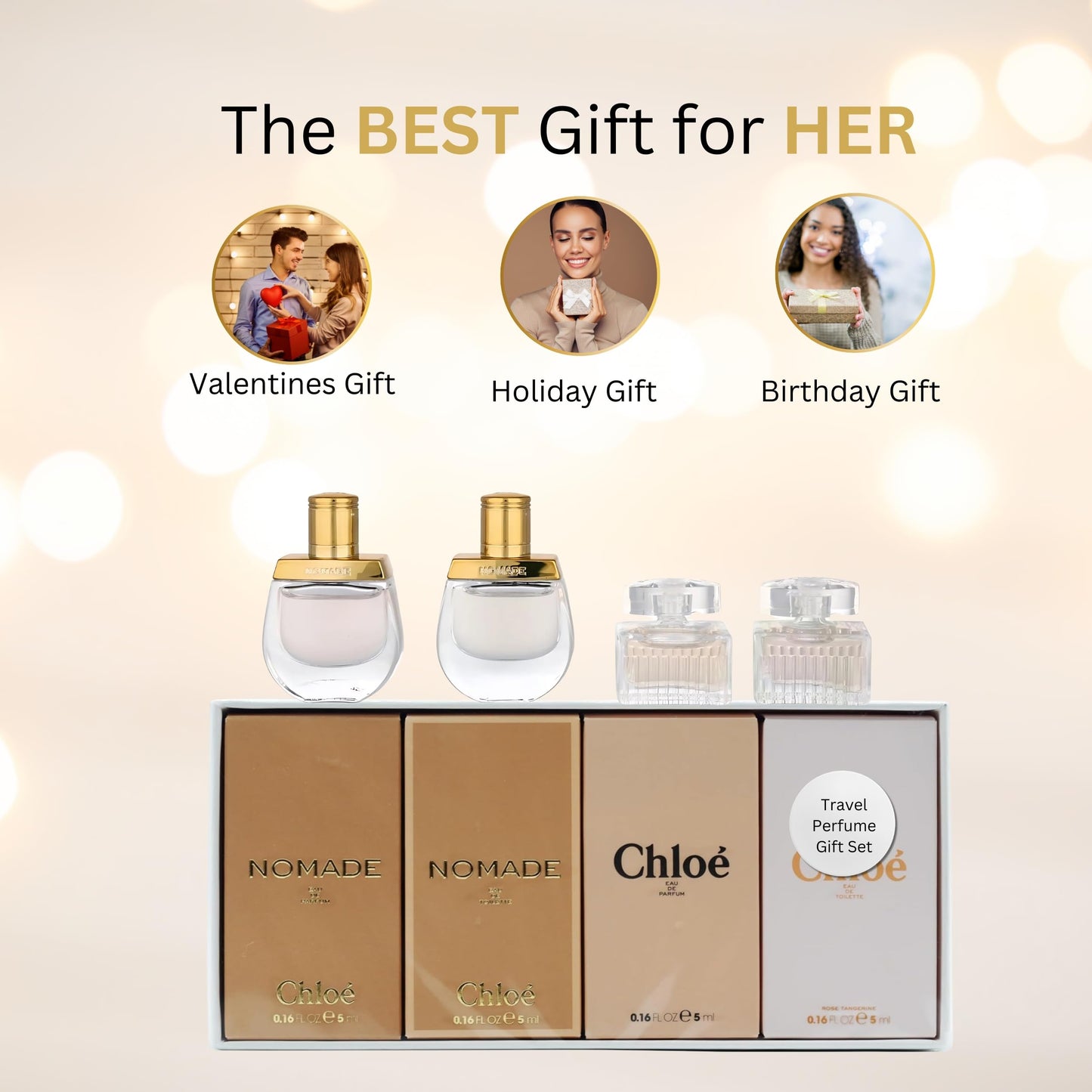 Chloé miniature perfumes collection side angle view emphasizing the authentic USA-imported packaging details.