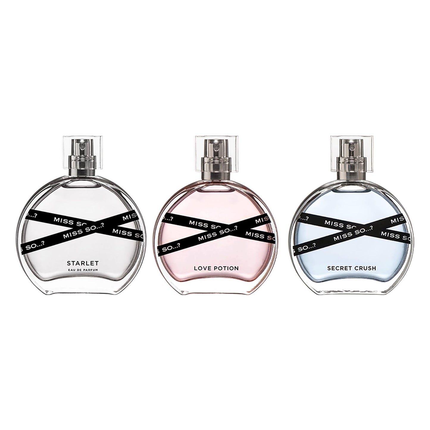 Miss So Starlet Love Potion and Secret Crush fragrance bottles on a clean background