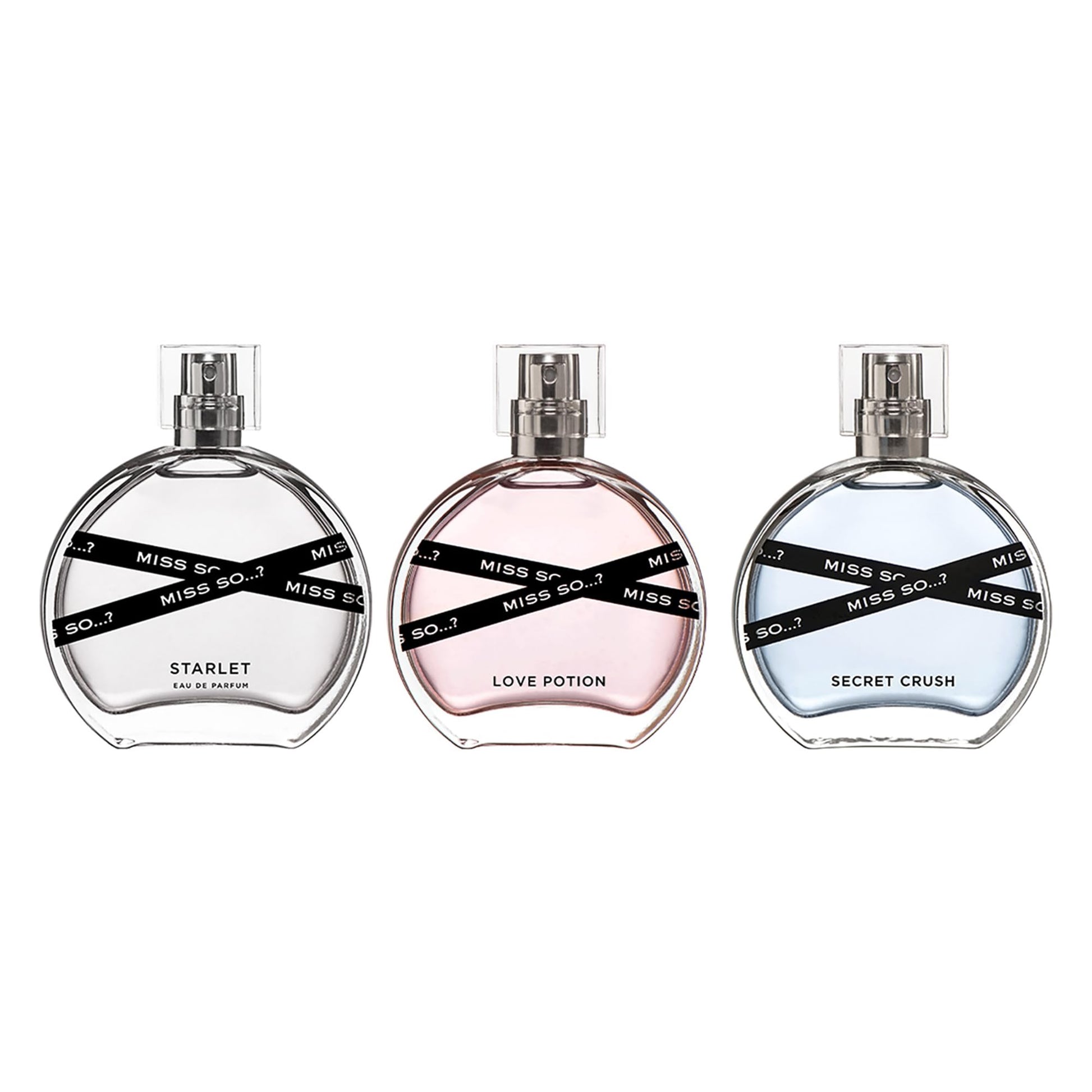 Miss So Starlet Love Potion and Secret Crush fragrance bottles on a clean background