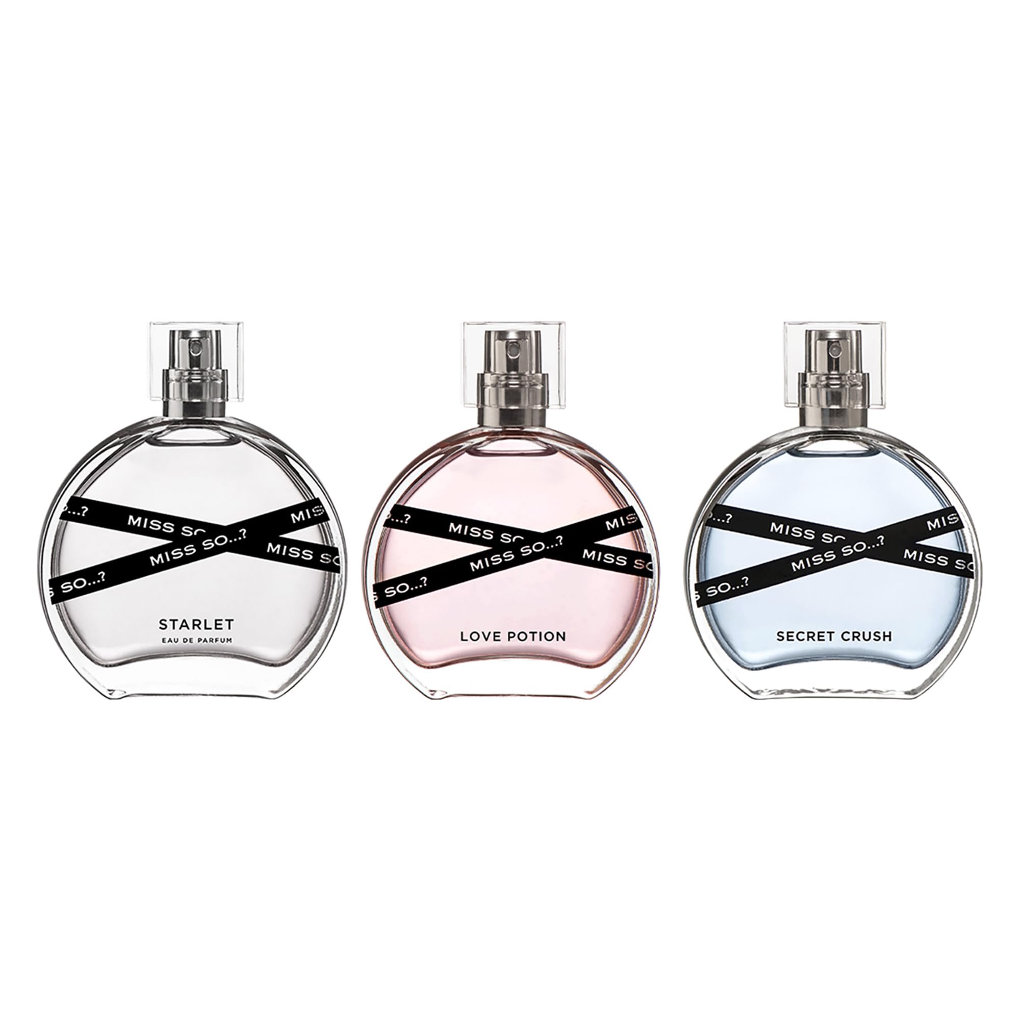 Miss So Starlet Love Potion and Secret Crush fragrance bottles on a clean background