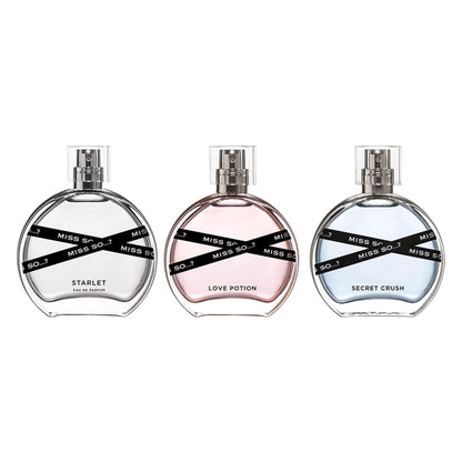 Miss So Starlet Love Potion and Secret Crush fragrance bottles on a clean background