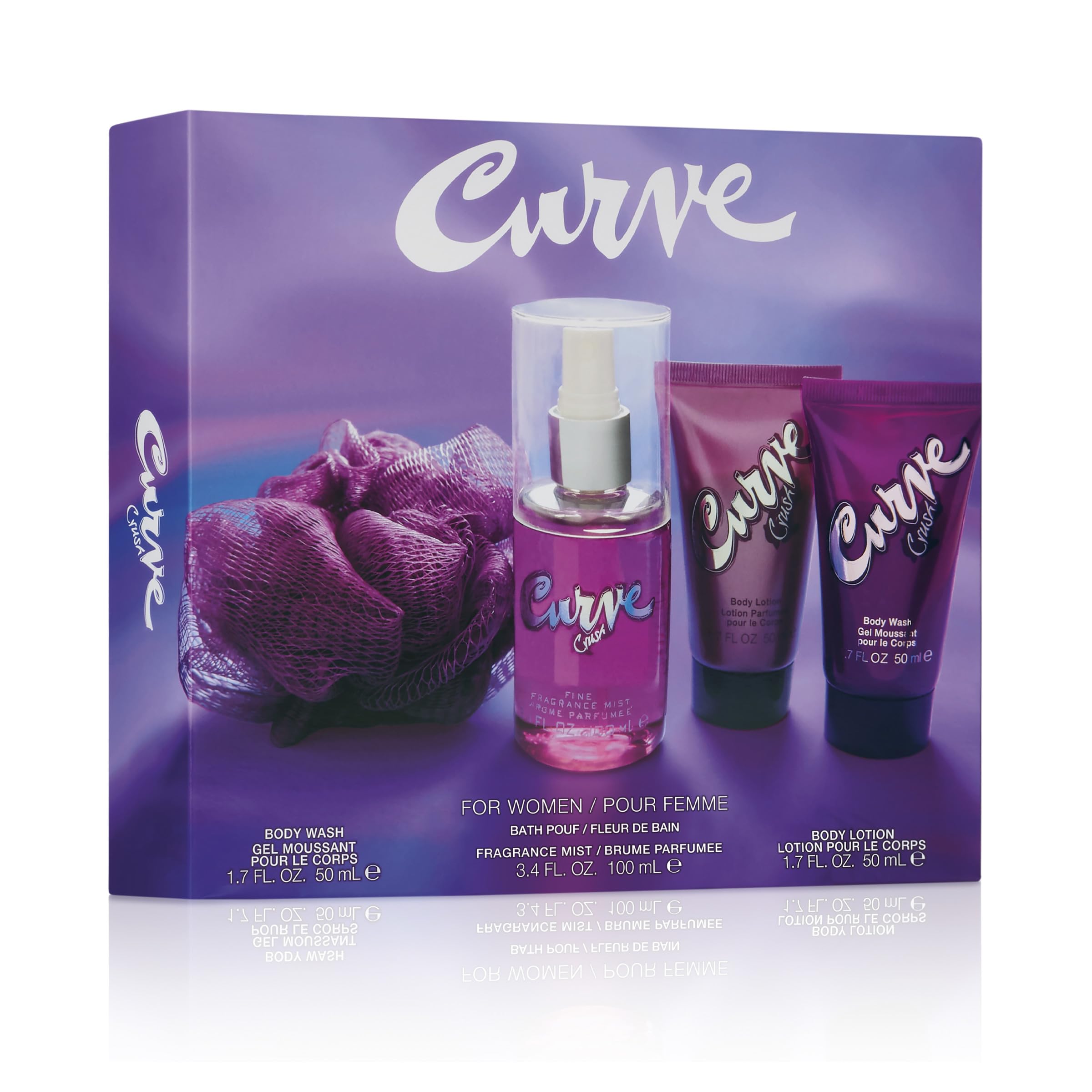 Curve Crush body wash gel and hydrating body lotion tubes side by side