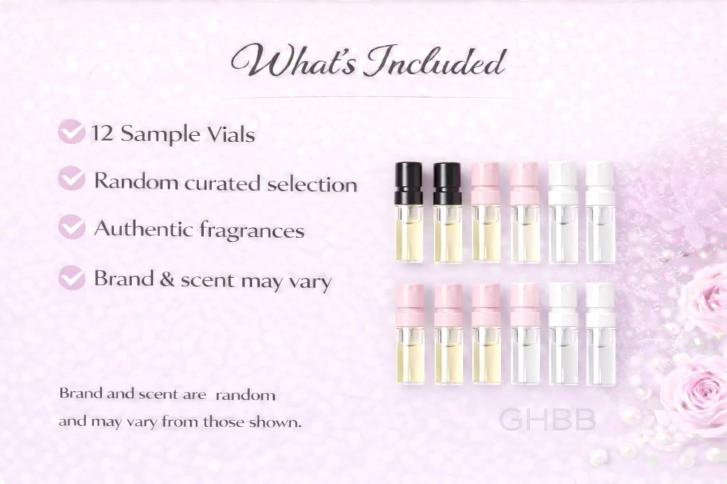Authentic USA-imported GHBB fragrance sampler set arranged on a vanity table.