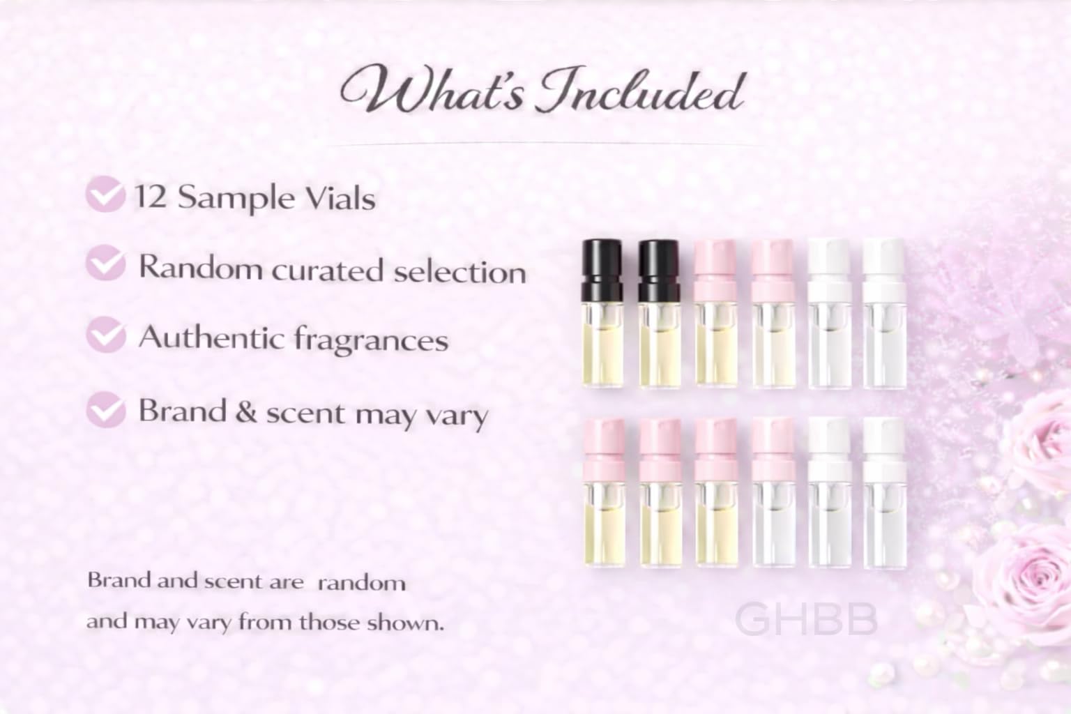Authentic USA-imported GHBB fragrance sampler set arranged on a vanity table.