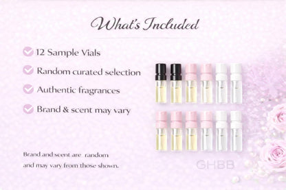 Authentic USA-imported GHBB fragrance sampler set arranged on a vanity table.