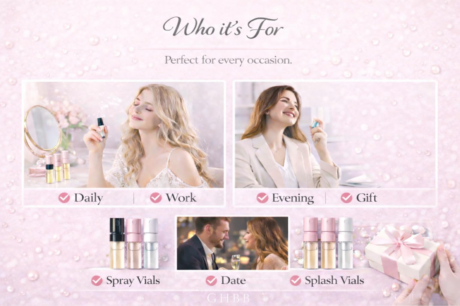 A variety of trial-sized liquid perfume samples highlighting the convenient portable design.