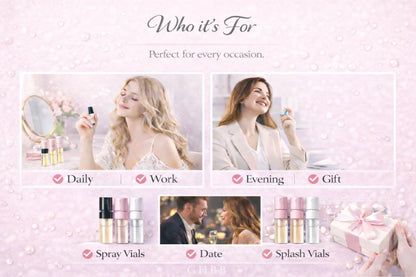 A variety of trial-sized liquid perfume samples highlighting the convenient portable design.
