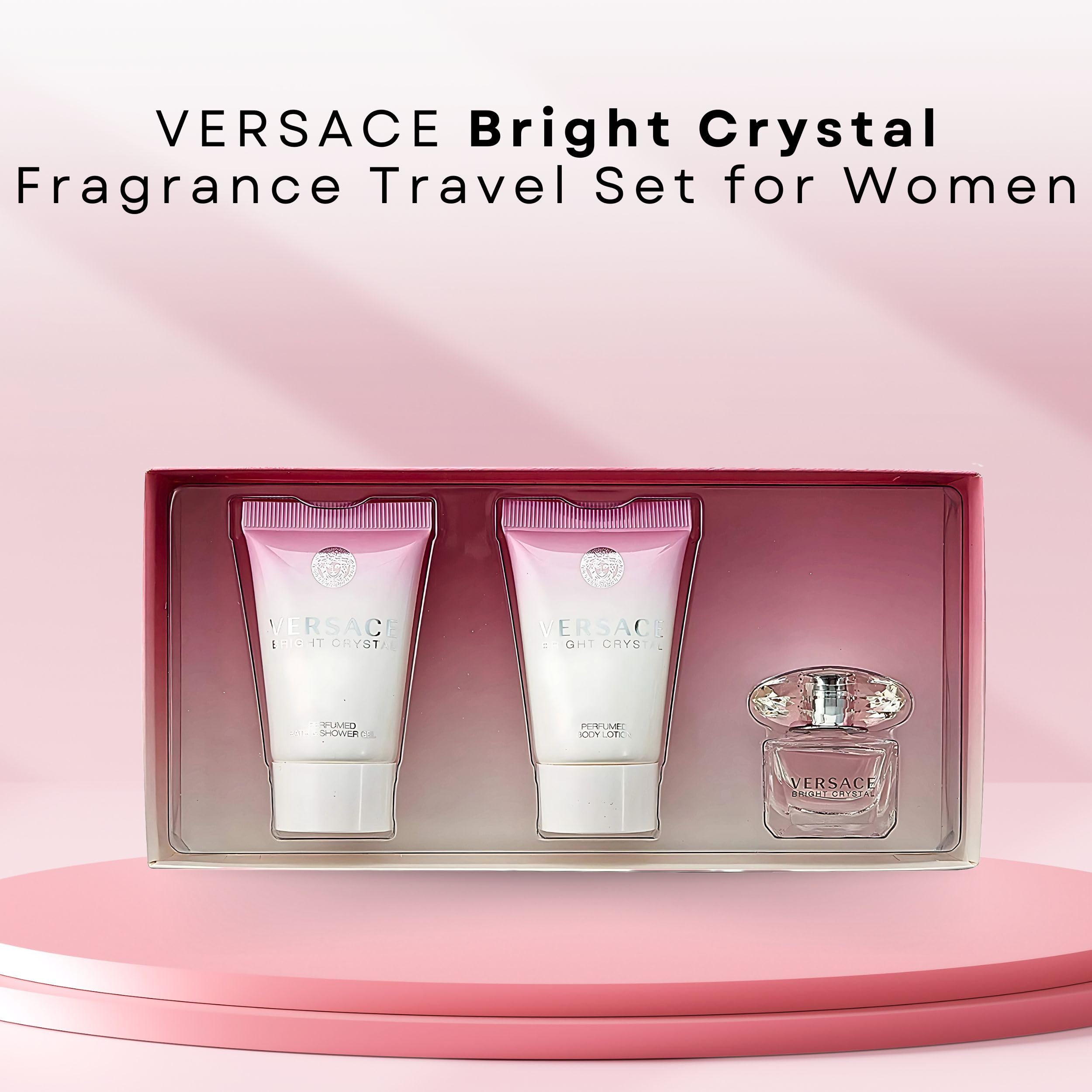 Close up of the travel sized Versace Bright Crystal Eau de Toilette 5 Milliliters miniature bottle with its iconic crystal cap.