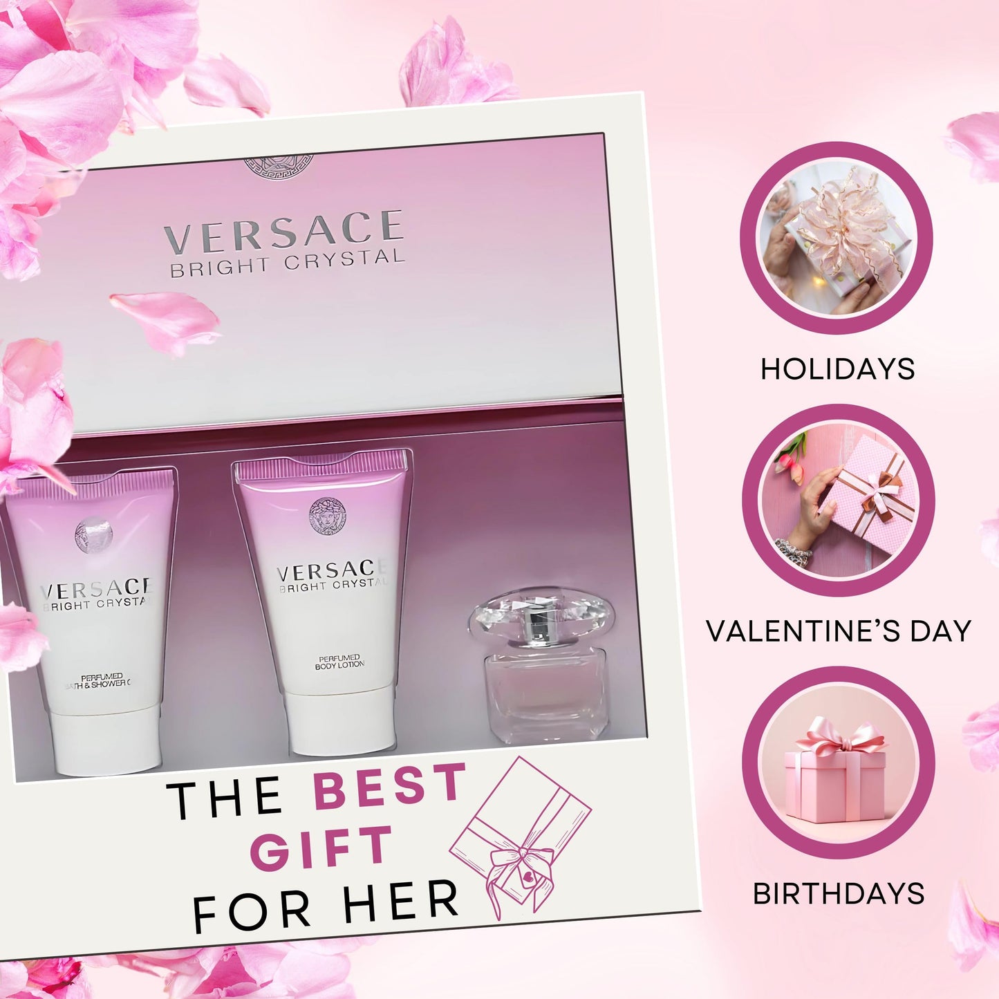 Side view of the authentic imported Versace 3 piece women fragrance gift set packaging.