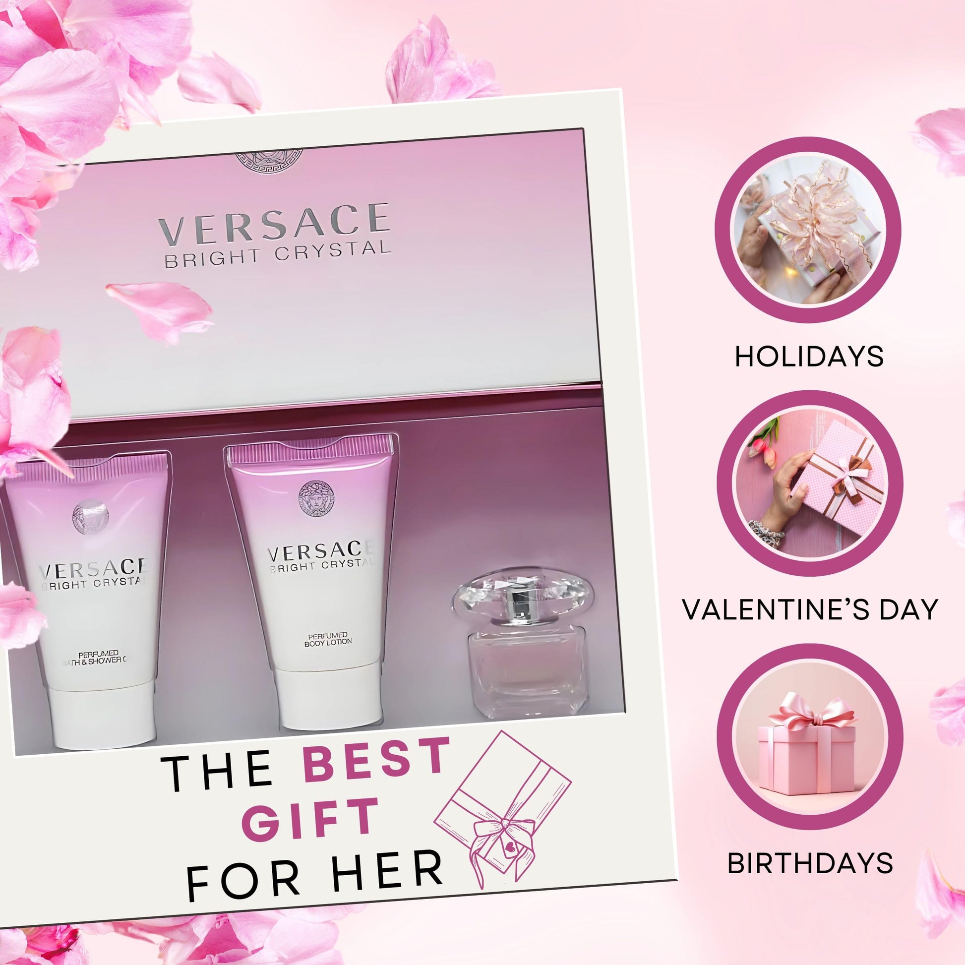 Side view of the authentic imported Versace 3 piece women fragrance gift set packaging.