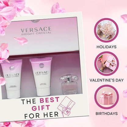 Side view of the authentic imported Versace 3 piece women fragrance gift set packaging.
