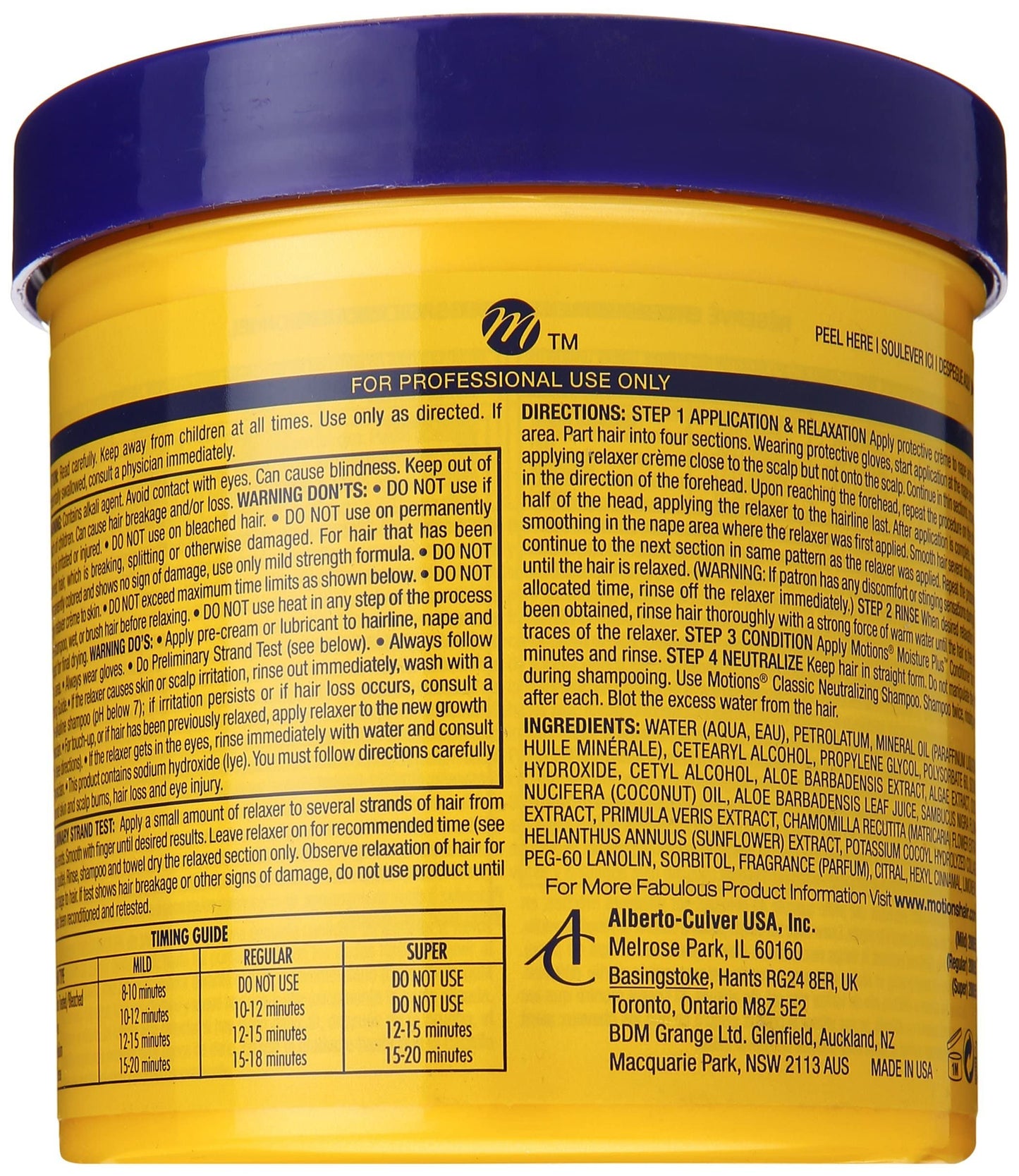 Close up of Motions Classic Lye Relaxer container label